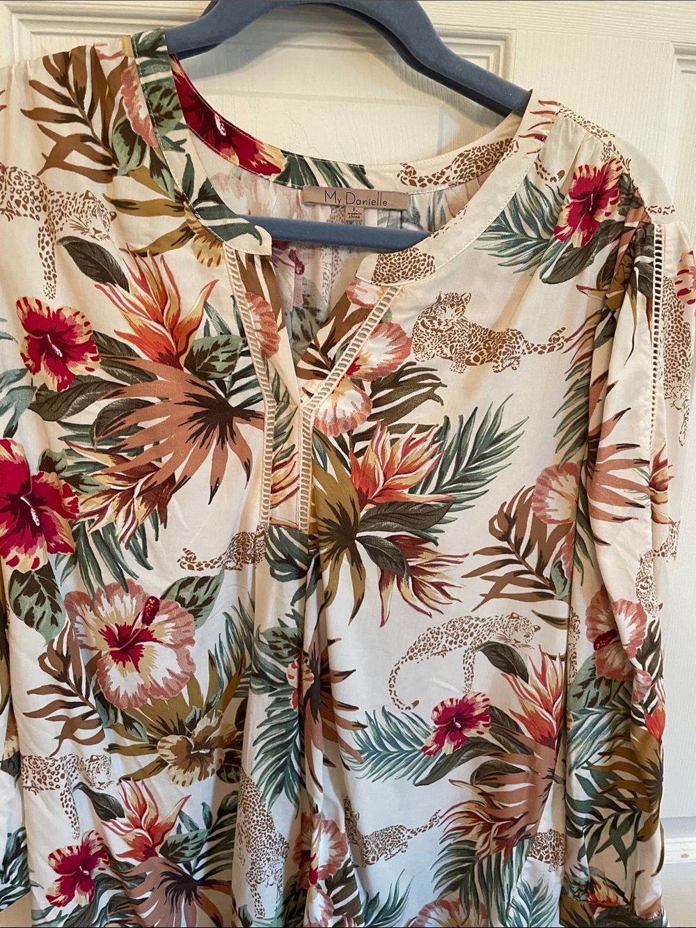 My Danielle Tropical Floral Henley Blouse — Cream with Pink & Green Print